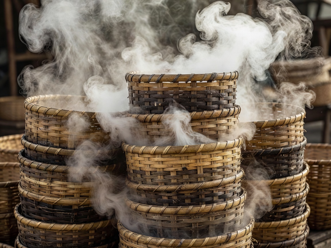 A cascade of steam escaping through the gaps of stacked woven bamboo baskets