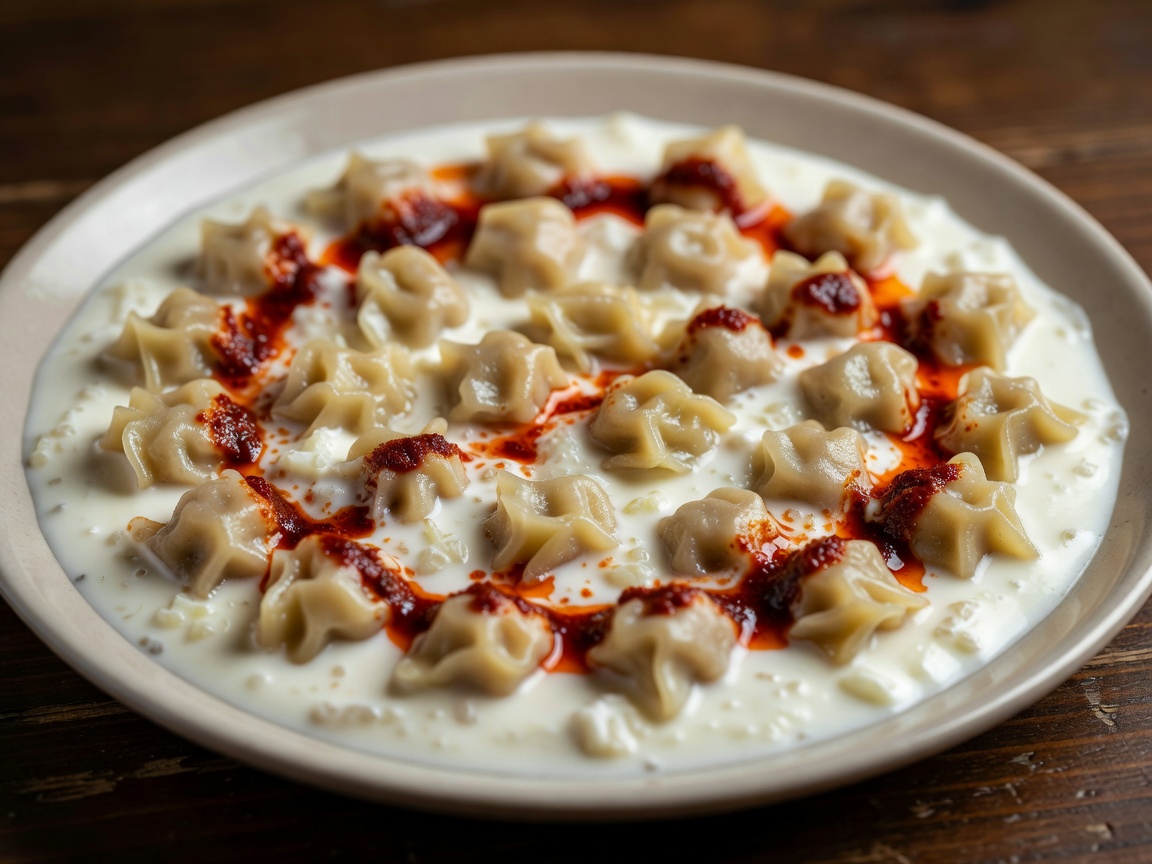 A plate of Turkish Kayseri Manti swimming in garlic yogurt and red pepper spiced oil
