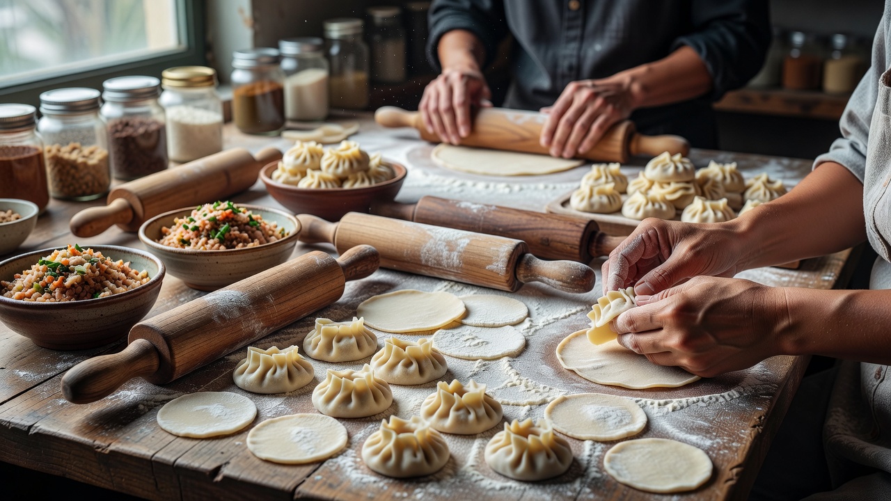Artisanal dumpling making with raw dough wraps and wooden rolling pins