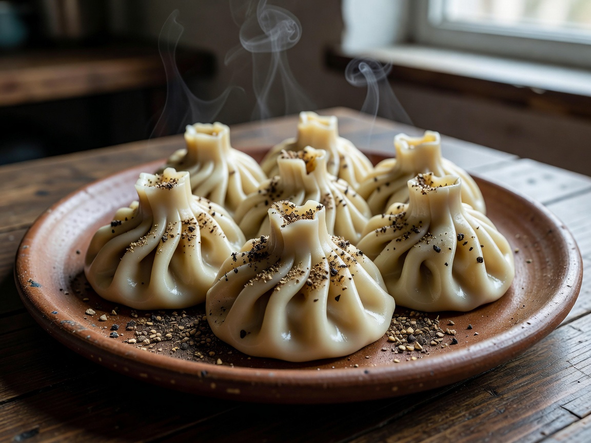 Authentic Georgian Khinkali served on a platter with fresh cracked black pepper