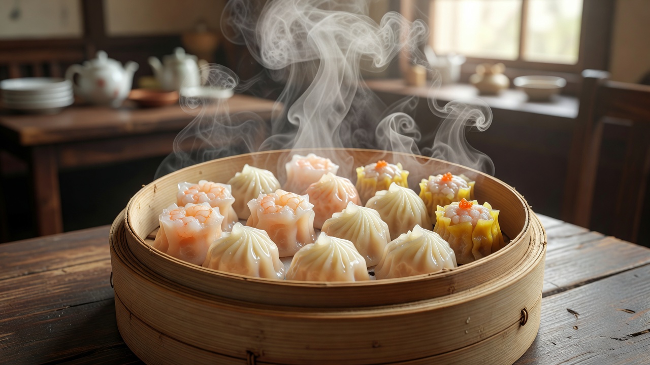 Freshly steamed Chinese dim sum dumplings in a bamboo steamer