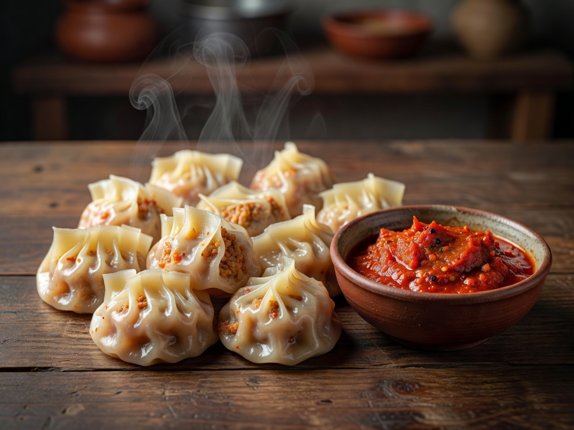 Freshly steamed Tibetan Momos served alongside vibrant red tomato chili chutney