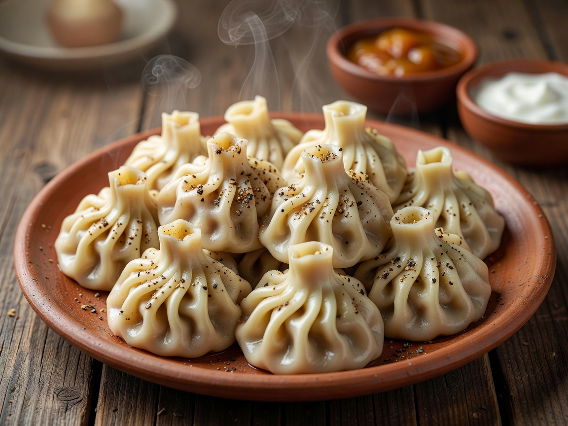 Traditional Georgian Khinkali with twisted top handle knobs and black pepper