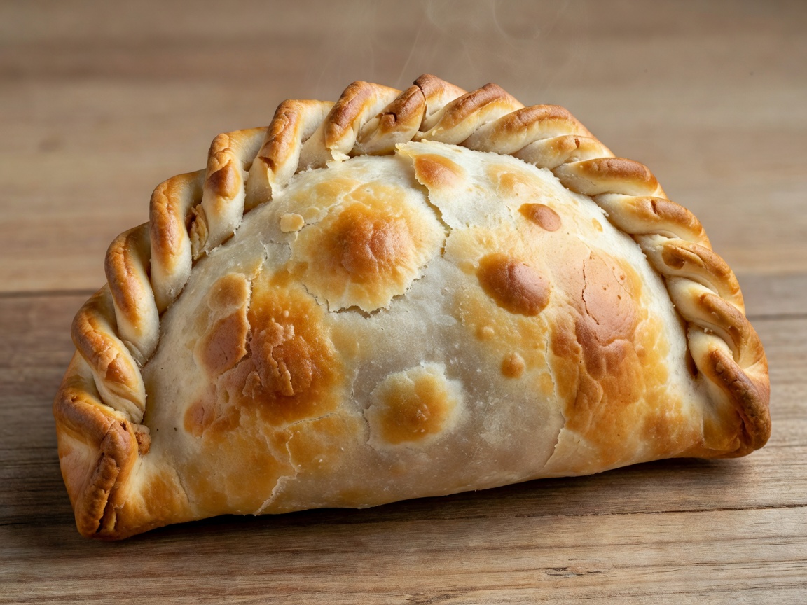 Golden baked Argentine meat empanada showing detailed repulgue twisted seam