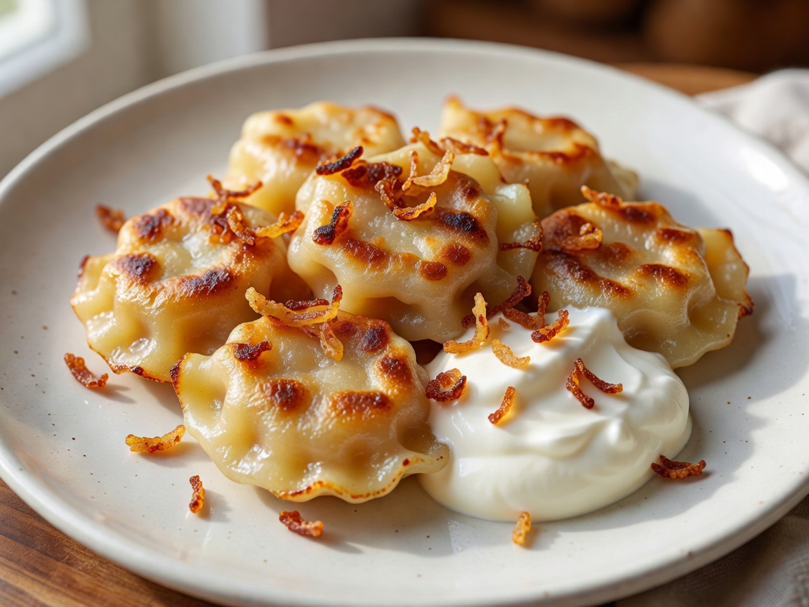 Golden brown pan-fried Polish Pierogi served with sour cream and fried onions