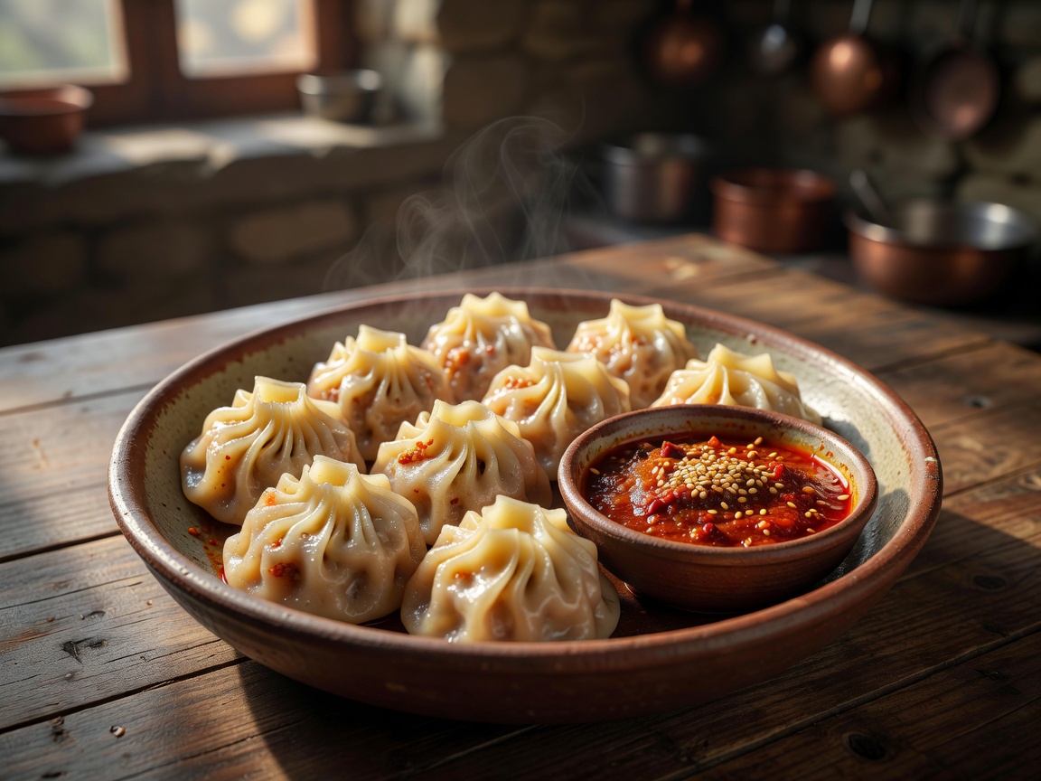 Himalayan Momo dumplings with spicy red chili and sesame dipping chutney