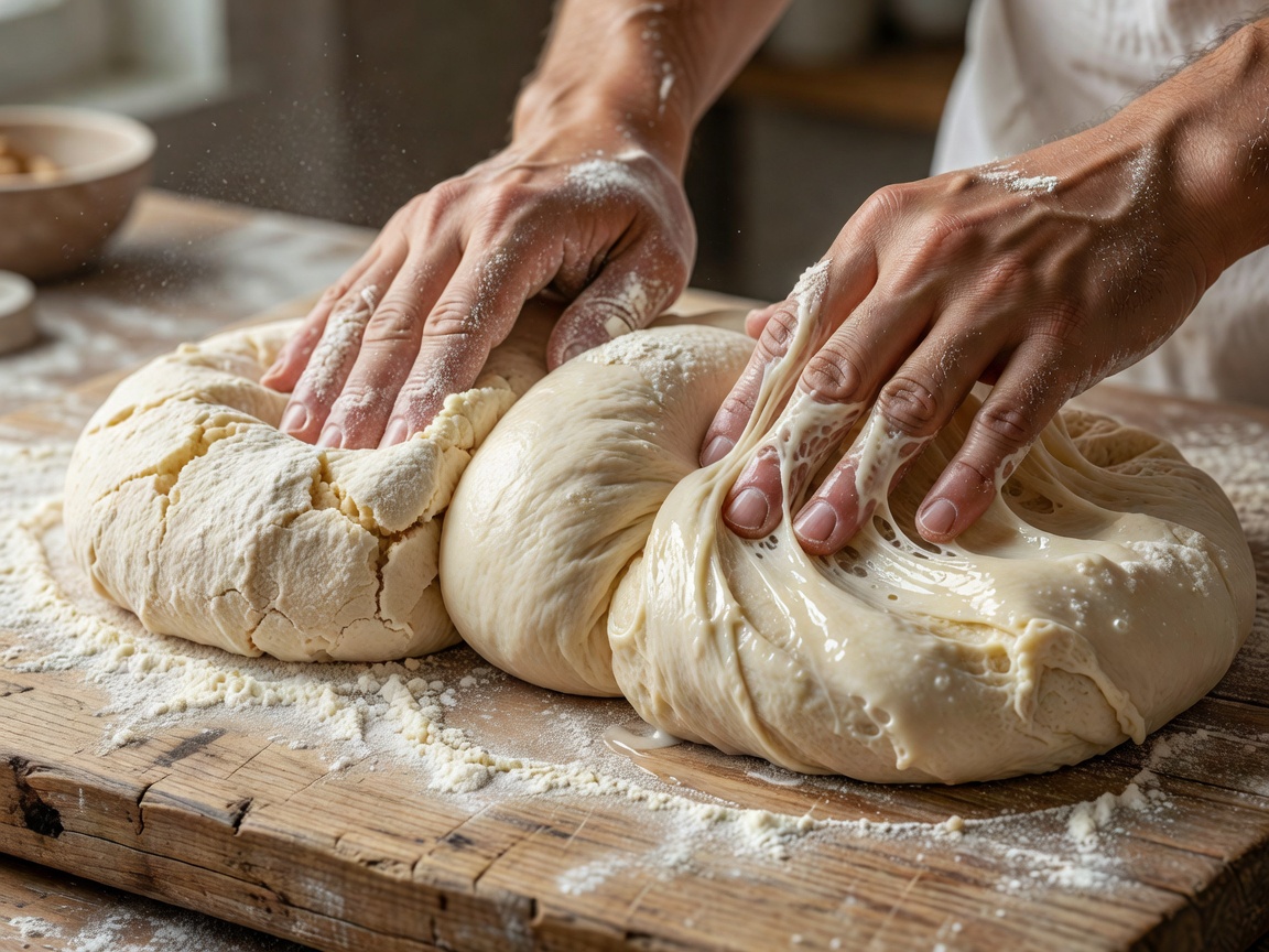 Kneading wheat flour dough with varying hydration techniques on a wooden board