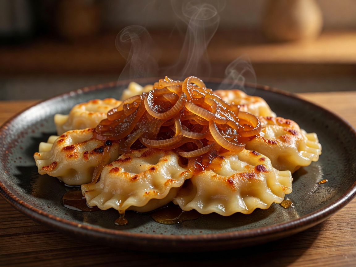 Golden pan-fried Polish Pierogi served with caramelized onions and sour cream