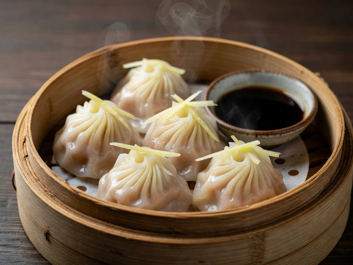 Plump Chinese Xiao Long Bao resting in a bamboo basket with shredded ginger and black vinegar