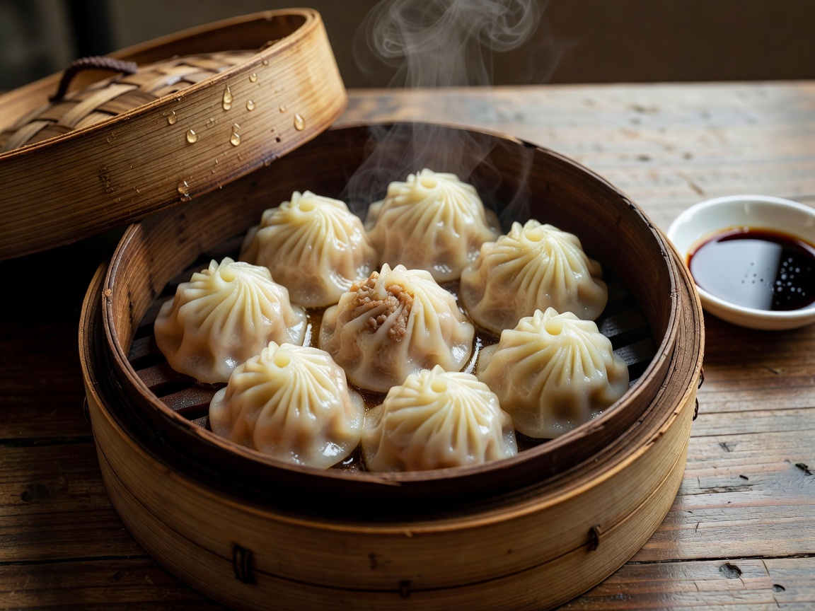 Shanghai Xiao Long Bao soup dumplings with pork and hot broth inside a bamboo steamer