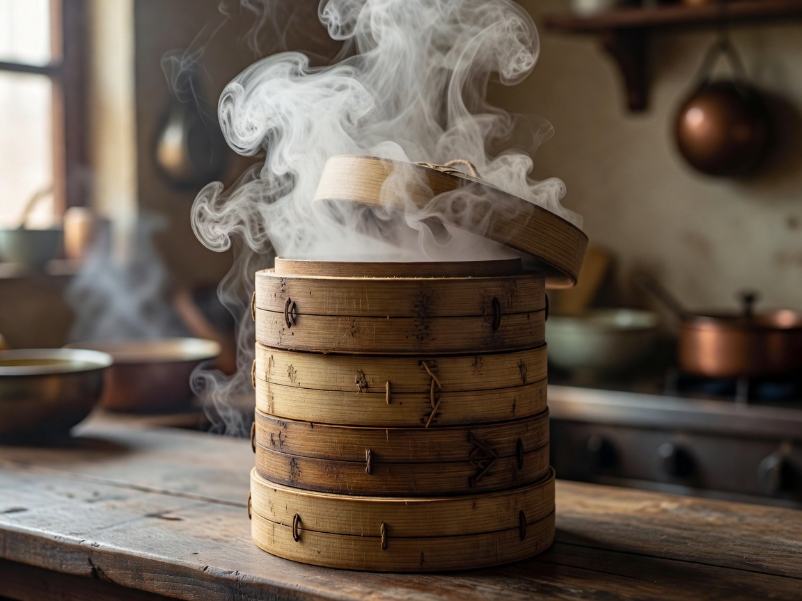 Stacked traditional bamboo steamers releasing aromatic white vapor