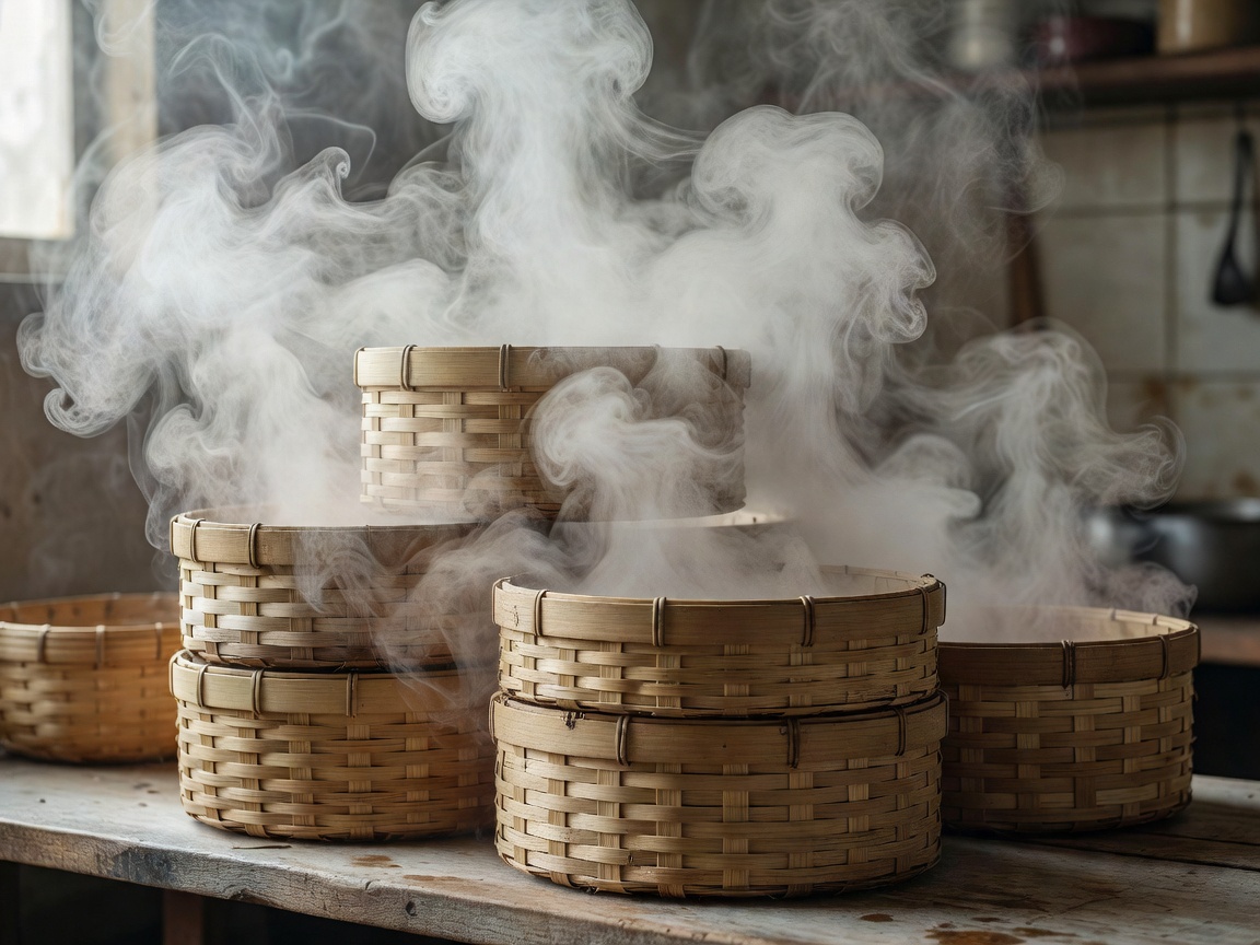 Traditional woven bamboo steaming baskets in a cloud of kitchen vapor