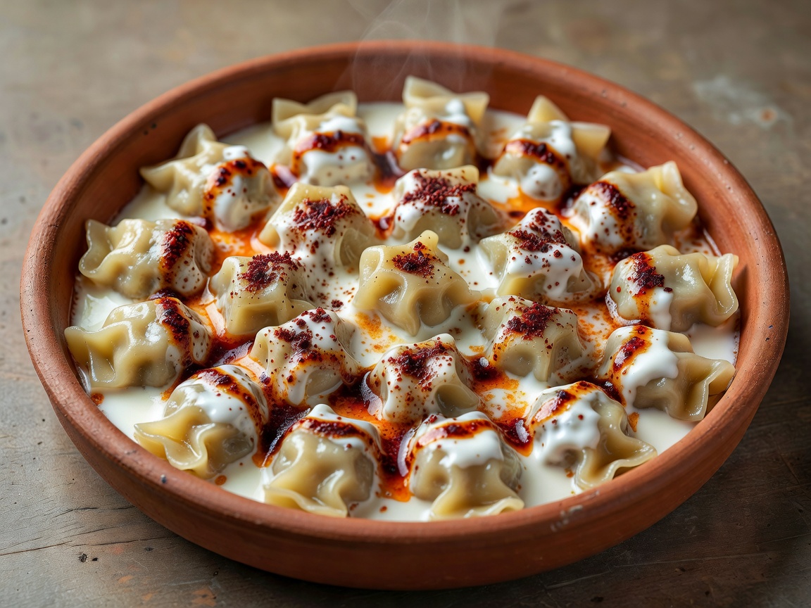 Turkish Manti dumplings topped with garlic yogurt and spiced Aleppo pepper butter
